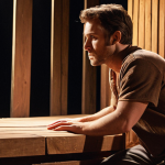 A stage actor deeply connecting with the set design. The actor is touching wooden planks that make up a large part of the set. Soft, focused lighting highlights the textures of the wood and the actor's focused expression. The overall mood is one of quiet contemplation and artistic immersion.