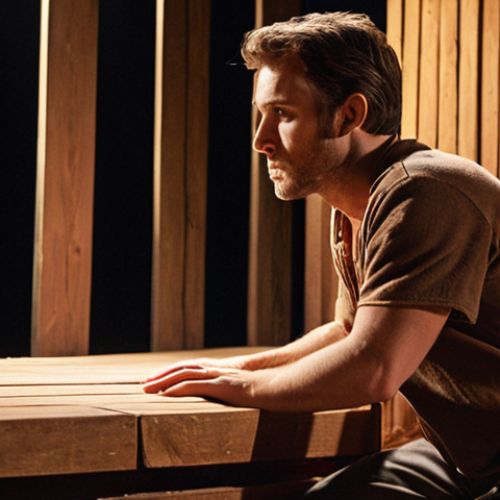 A stage actor deeply connecting with the set design. The actor is touching wooden planks that make up a large part of the set. Soft, focused lighting highlights the textures of the wood and the actor's focused expression. The overall mood is one of quiet contemplation and artistic immersion.