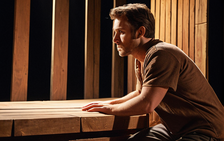 A stage actor deeply connecting with the set design. The actor is touching wooden planks that make up a large part of the set. Soft, focused lighting highlights the textures of the wood and the actor's focused expression. The overall mood is one of quiet contemplation and artistic immersion.