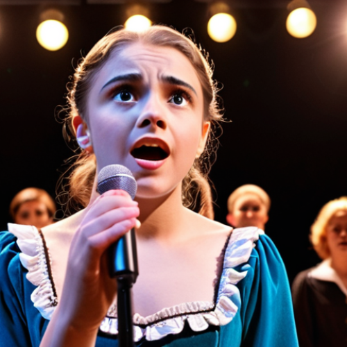 **Prompt:** A hopeful young woman in stage makeup, dressed in a costume fitting a musical role, confidently singing center stage under bright spotlights, with audition judges blurred in the background taking notes. The overall mood is inspiring and focused on achieving dreams.