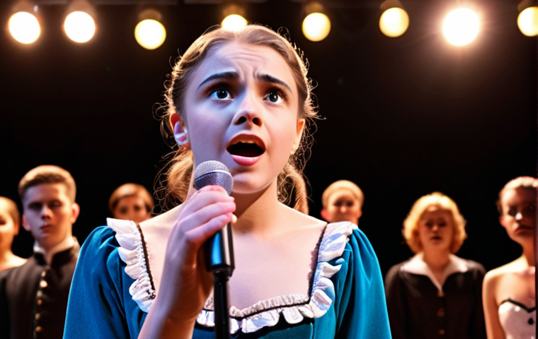 **Prompt:** A hopeful young woman in stage makeup, dressed in a costume fitting a musical role, confidently singing center stage under bright spotlights, with audition judges blurred in the background taking notes. The overall mood is inspiring and focused on achieving dreams.
