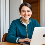 A female musical theatre fan, fully clothed in a modest, comfortable long-sleeved top, joyfully participating in an online video call. She is seated at a neat wooden desk in a brightly lit, cozy living room, focused intently on her laptop screen. On the laptop, a professional male musical actor, dressed in a smart casual jacket and appropriate attire, is smiling warmly and making eye contact, appearing to be in a well-decorated studio with soft background lighting. The scene captures a genuine, personal connection facilitated by technology, emphasizing warmth and accessibility. safe for work, appropriate content, fully clothed, professional, perfect anatomy, correct proportions, natural pose, well-formed hands, proper finger count, natural body proportions, professional photography, high quality.