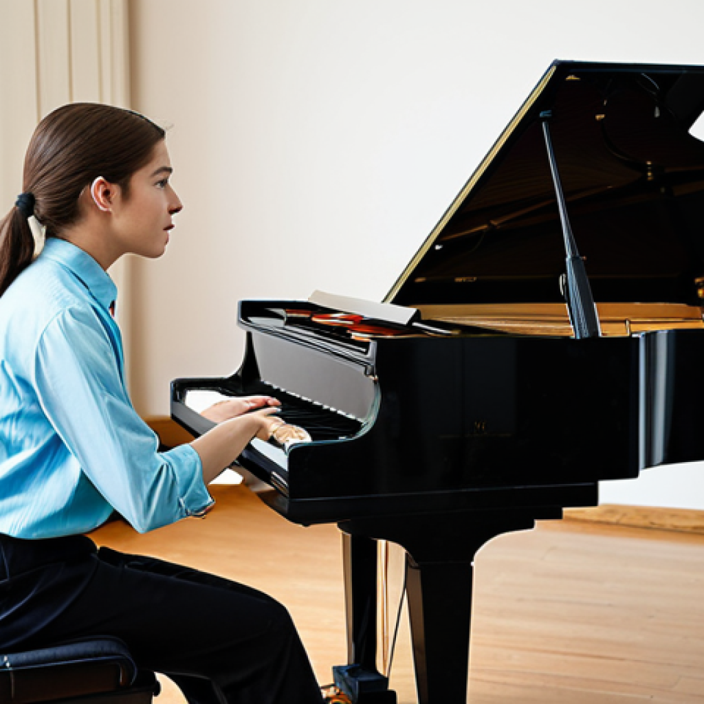 A focused young adult female musical theatre performer, fully clothed in modest, professional dance attire, is thoughtfully listening to an experienced male musical director (mentor) who is standing beside a grand piano. The mentor, in professional business casual attire, gestures gently as he explains a concept or provides feedback. They are in a well-lit, clean rehearsal studio with a large mirror on one wall and sheet music on the piano. The atmosphere is quiet and reflective, emphasizing deep discussion. Professional photography, high quality, perfect anatomy, correct proportions, natural pose, well-formed hands, proper finger count, natural body proportions, safe for work, appropriate content, fully clothed, professional, family-friendly.