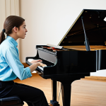 A focused young adult female musical theatre performer, fully clothed in modest, professional dance attire, is thoughtfully listening to an experienced male musical director (mentor) who is standing beside a grand piano. The mentor, in professional business casual attire, gestures gently as he explains a concept or provides feedback. They are in a well-lit, clean rehearsal studio with a large mirror on one wall and sheet music on the piano. The atmosphere is quiet and reflective, emphasizing deep discussion. Professional photography, high quality, perfect anatomy, correct proportions, natural pose, well-formed hands, proper finger count, natural body proportions, safe for work, appropriate content, fully clothed, professional, family-friendly.