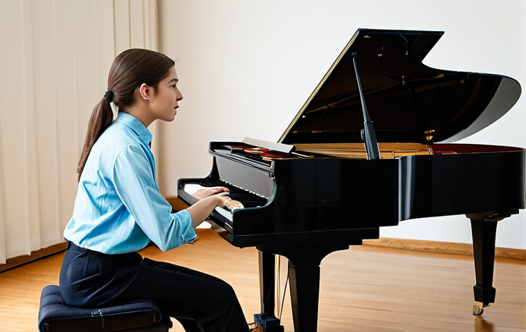 A focused young adult female musical theatre performer, fully clothed in modest, professional dance attire, is thoughtfully listening to an experienced male musical director (mentor) who is standing beside a grand piano. The mentor, in professional business casual attire, gestures gently as he explains a concept or provides feedback. They are in a well-lit, clean rehearsal studio with a large mirror on one wall and sheet music on the piano. The atmosphere is quiet and reflective, emphasizing deep discussion. Professional photography, high quality, perfect anatomy, correct proportions, natural pose, well-formed hands, proper finger count, natural body proportions, safe for work, appropriate content, fully clothed, professional, family-friendly.