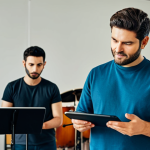 A focused musical actor, fully clothed in modest, professional practice attire, stands in a well-lit rehearsal studio. They are looking thoughtfully at a tablet screen displaying crowdfunding progress and messages of support, a hopeful expression on their face. The background features subtle musical instruments and stage props, hinting at their artistic aspirations. The atmosphere is determined and inspiring, symbolizing overcoming financial challenges through fan support. safe for work, appropriate content, perfect anatomy, correct proportions, natural pose, well-formed hands, proper finger count, natural body proportions, professional photography, high quality, family-friendly.