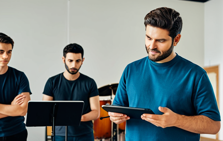 A focused musical actor, fully clothed in modest, professional practice attire, stands in a well-lit rehearsal studio. They are looking thoughtfully at a tablet screen displaying crowdfunding progress and messages of support, a hopeful expression on their face. The background features subtle musical instruments and stage props, hinting at their artistic aspirations. The atmosphere is determined and inspiring, symbolizing overcoming financial challenges through fan support. safe for work, appropriate content, perfect anatomy, correct proportions, natural pose, well-formed hands, proper finger count, natural body proportions, professional photography, high quality, family-friendly.