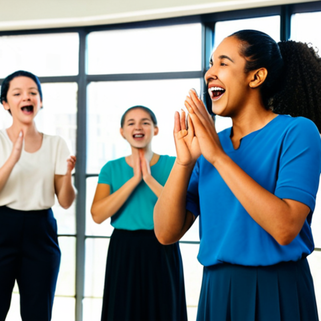 **

A diverse group of performers from around the world, fully clothed in modest clothing, participating in a musical theatre workshop. They are singing and dancing together in a bright studio with large windows. Focus on the expressions of joy and collaboration.  Perfect anatomy, well-formed hands, proper finger count, natural body proportions, appropriate attire, safe for work, professional, family-friendly. High quality, professional photography.

**