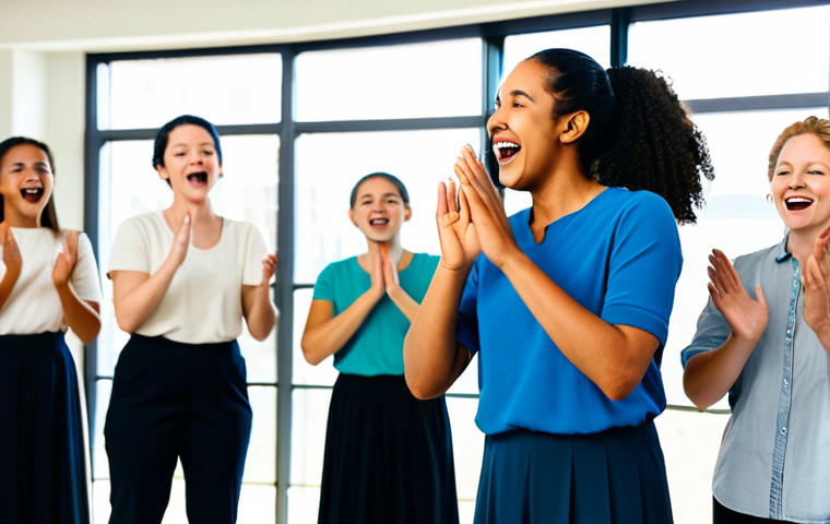 **

A diverse group of performers from around the world, fully clothed in modest clothing, participating in a musical theatre workshop. They are singing and dancing together in a bright studio with large windows. Focus on the expressions of joy and collaboration.  Perfect anatomy, well-formed hands, proper finger count, natural body proportions, appropriate attire, safe for work, professional, family-friendly. High quality, professional photography.

**
