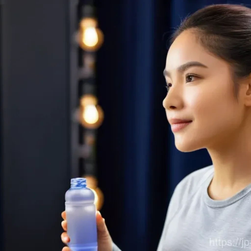 뮤지컬 배우의 공연 전후 셀프케어 - **Prompt:** A musical actress in her late 20s, with a gentle and focused expression, is backstage pr...