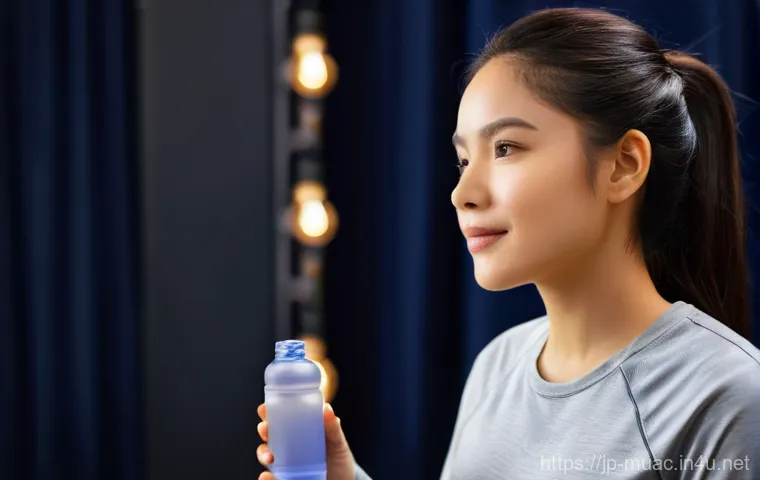 뮤지컬 배우의 공연 전후 셀프케어 - **Prompt:** A musical actress in her late 20s, with a gentle and focused expression, is backstage pr...