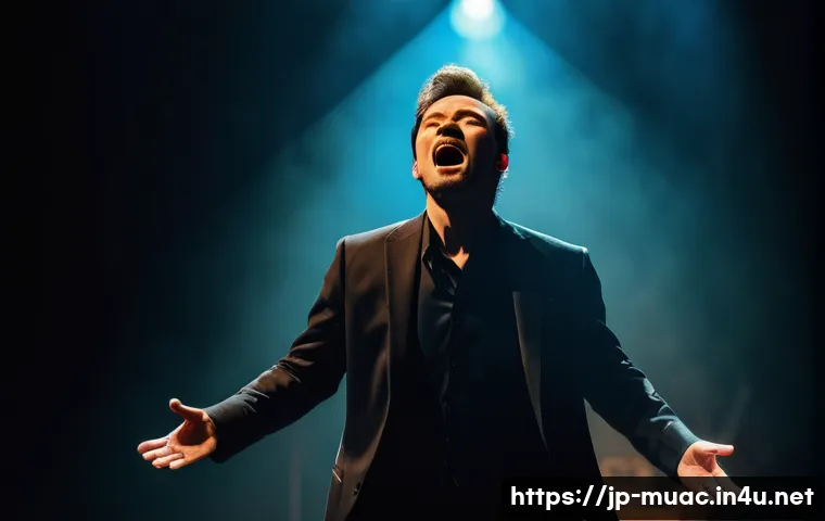 뮤지컬 배우의 즉흥 연기 기술 - A dynamic theatrical stage scene capturing an actor mid-performance, exhibiting rapid emotional tran...