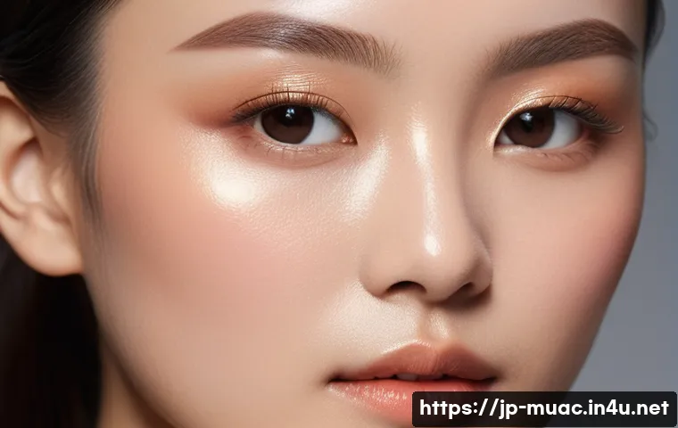 뮤지컬 배우의 메이크업 스킬 - A close-up portrait of a Japanese stage actress applying base makeup under bright theatrical lightin...