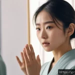 뮤지컬 배우의 감정 표현 기술 - A young Japanese actress practicing subtle emotional expression in front of a mirror, wearing a mode...