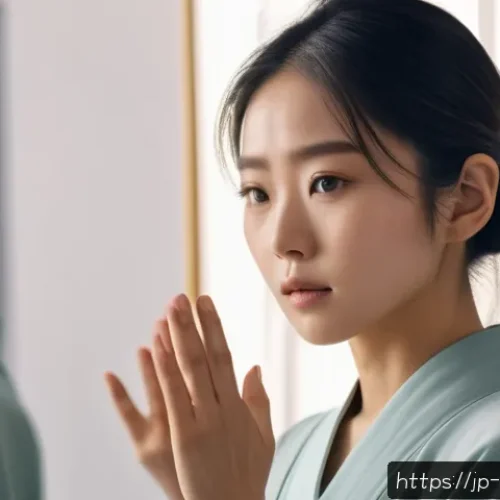 뮤지컬 배우의 감정 표현 기술 - A young Japanese actress practicing subtle emotional expression in front of a mirror, wearing a mode...