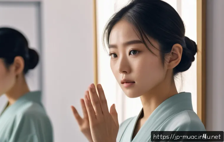 뮤지컬 배우의 감정 표현 기술 - A young Japanese actress practicing subtle emotional expression in front of a mirror, wearing a mode...