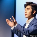 뮤지컬 배우의 경력 전환 성공 사례 - A confident young Japanese musical actor in stylish casual business attire, delivering a persuasive ...