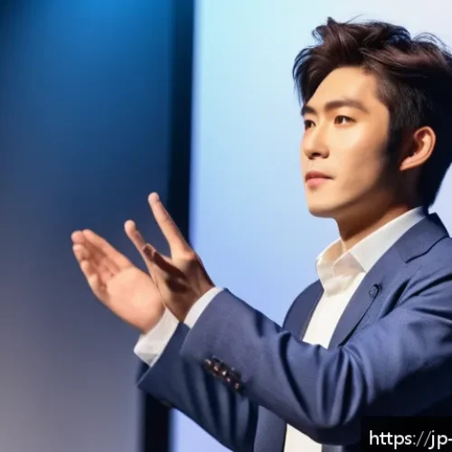 뮤지컬 배우의 경력 전환 성공 사례 - A confident young Japanese musical actor in stylish casual business attire, delivering a persuasive ...