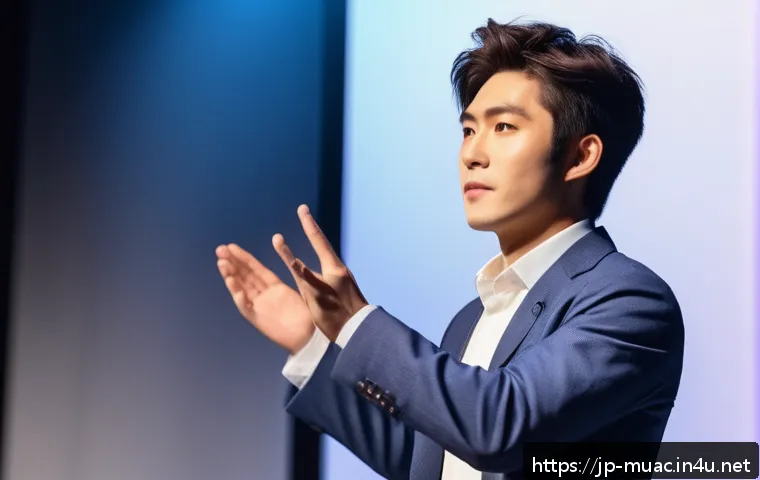 뮤지컬 배우의 경력 전환 성공 사례 - A confident young Japanese musical actor in stylish casual business attire, delivering a persuasive ...