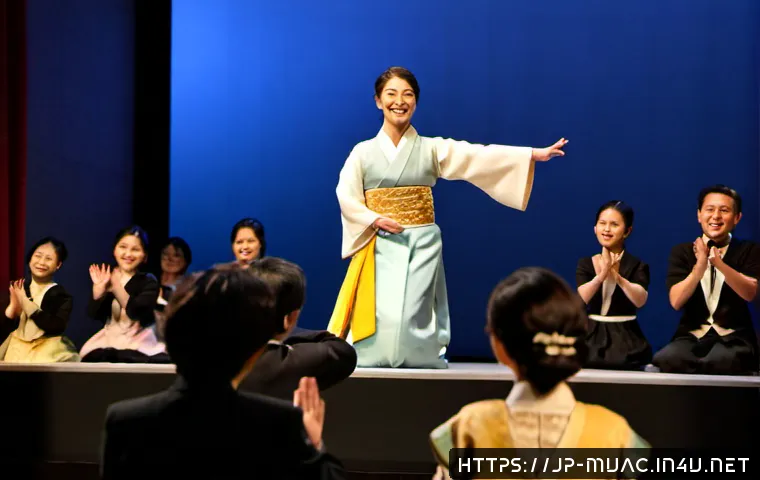 뮤지컬 배우와 관객 소통 사례 - Photorealistic musical theater performance, charismatic Japanese stage actor in an elegant period co...