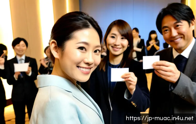뮤지컬 배우의 팬 관리 전략 - Photorealistic Japanese musical theatre performer warmly greeting a small, diverse group of adult fa...